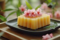 Traditional Asian jelly dessert decorated with pink cherry blossoms on black ceramic plate, served on wooden table with natural floral arrangement.