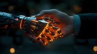 Glowing robotic and human hands joining in handshake against dark background with bokeh lights, symbolizing cooperation between artificial intelligence and humanity.