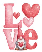 Pink watercolor love lettering with cute gnome holding heart for Valentine's Day cards, romantic decorations and holiday designs.