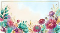 Watercolor floral border with blooming roses, peonies, and botanical leaves in pink, purple, and teal tones on isolated white background for design projects.