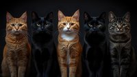 Five majestic cats sitting in row against dark background showcase different breeds and colors from ginger to black, dramatic studio lighting creates striking portrait.