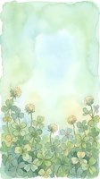 Watercolor clover field with white flowers on soft green background, copy space for greeting cards, posters, and spring designs.