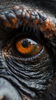 Extreme macro close-up of an amber-colored animal eye with detailed texture, wrinkles, and eyelashes showing intricate patterns and reflections in dark tones.