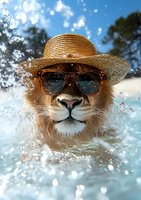 Cool lion wearing straw hat and sunglasses splashing in water on hot summer day, water drops flying around creating refreshing atmosphere against blue sky.