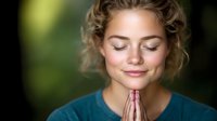 Young Caucasian woman with curly blonde hair praying peacefully outdoors, eyes closed with gentle smile, wearing teal top. Natural bokeh background creates serene atmosphere.