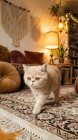 Adorable gray kitten walking on ornate rug in cozy bohemian living room with macrame wall hangings, warm lighting and houseplants creating homey atmosphere.