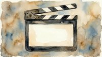 Movie clapper board on aged watercolor background, vintage film production tool for cinema and video editing projects.
