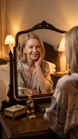 Mature blonde woman looking at herself in ornate vintage mirror while touching face, enjoying peaceful morning skincare routine in elegant bedroom setting.