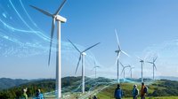 Wind turbines stand in a row across rolling green hills under clear blue sky, with digital energy waves overlaid, representing renewable power generation and sustainable technology for clean energy projects.