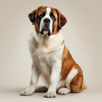 Saint Bernard dog with brown and white fur sitting against neutral beige background, looking directly at camera with gentle expression.