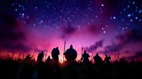 Silhouettes of ancient warriors with spears and shields against dramatic purple sunset sky with stars and bokeh lights, mystical fantasy battle scene background.