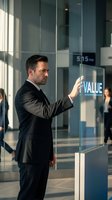 Professional businessman in dark suit touching transparent digital display showing VALUE text in modern corporate office environment for business presentations.
