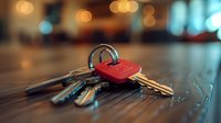Bunch of house keys with red plastic tag lying on wooden surface against blurred warm bokeh background, macro close up view with selective focus.