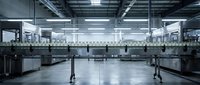 Modern industrial factory interior with steel platforms, metal railings and bright fluorescent lighting for manufacturing and production concepts.