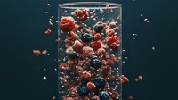 Fresh raspberries and blueberries floating in sparkling water with bubbles against dark background, dynamic food composition for healthy lifestyle and refreshment.