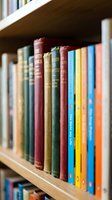 Colorful vintage and modern books arranged on wooden library shelf showcasing literary collection for education and reading concepts.