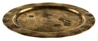 Antique brass serving platter with distressed patina and worn finish, suitable for home decor, tableware styling, and vintage-themed designs.
