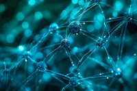 Abstract network of glowing blue nodes connected by light lines on dark background, representing neural networks or digital connections.