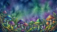 Bioluminescent mushrooms glowing with vibrant purple, green, and blue hues in a mystical forest setting, surrounded by lush foliage and cosmic starlight effects for fantasy and magical artwork projects.