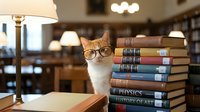 Orange and white cat wearing glasses sitting next to stack of academic books on wooden desk in cozy library setting for educational content.