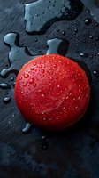 Fresh red tomato covered in water droplets on dark wet surface, dramatic lighting creates contrast between vibrant fruit and moody background.