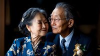 Elderly Asian couple in formal attire sharing intimate moment, senior man in suit with boutonniere and woman in floral dress, golden hour portrait for anniversary.
