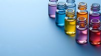 Small glass vials with colorful liquid samples arranged diagonally on blue background, laboratory research concept for medical or cosmetic industry.
