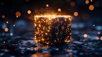 Glowing golden cube with magical sparkles and light particles floating in dark atmospheric setting with bokeh effect and water drops, creating mystical ambiance.