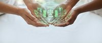 Hands cupping green energy bars and leaf icon symbolizing sustainable power, renewable resources, and eco-friendly technology for environmental conservation projects.