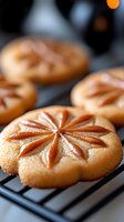 Golden glazed donuts with decorative star pattern cooling on wire rack in bakery kitchen setting for commercial food photography and culinary marketing.