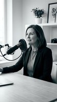 Professional middle-aged Caucasian woman speaking into podcast microphone in modern home office studio setup for broadcasting and media content creation.