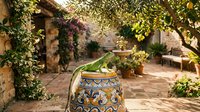 Mediterranean terracotta pot with decorative patterns on rustic stone patio surrounded by lush greenery and flowering vines creating peaceful garden atmosphere.