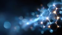 Glowing molecular structure with connected hexagonal shapes on dark blue background with bokeh light effect and bright energy streaks.