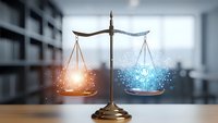 Digital scales of justice with glowing orange and blue light effects representing balance between technology and law in modern office setting.