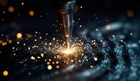 Industrial welding process with bright sparks and molten metal particles creating dramatic light effects in manufacturing workshop environment.