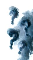 Mysterious blue smoke forming question mark shapes against white background, creating ethereal abstract patterns for conceptual designs and creative projects.