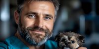 Mature Caucasian man with gray beard holding small Yorkshire terrier puppy, smiling warmly at camera. Close-up portrait showing bond between pet owner and dog.