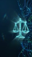 Digital justice scales with glowing circuit board patterns representing legal technology and artificial intelligence in law enforcement applications.