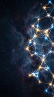 Abstract network connections with glowing nodes and golden lines on dark cosmic background for technology and digital communication concepts.