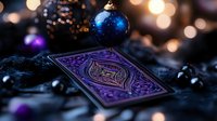 Purple playing card with ornate design lies on dark surface with blue Christmas ornament and blurred bokeh lights creating magical holiday atmosphere.