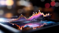 Colorful data visualization with glowing lines and peaks displayed on digital screen, representing financial growth, analytics, and technology trends for business presentations.