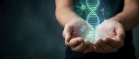 Scientist or researcher with open palms holding glowing DNA helix structure, representing genetic engineering, biotechnology, and scientific innovation on dark background.