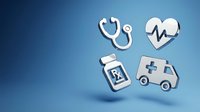 Medical healthcare icons set with stethoscope, heart rate monitor, pill bottle and ambulance on blue gradient background for hospital design.