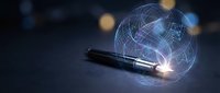 Digital pen creating glowing blue wireframe sphere with network connections on dark background for technology and innovation concepts.
