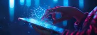 Glowing shield icon over smartphone screen with touching hand in dark blue atmosphere, representing digital security and data protection technology.