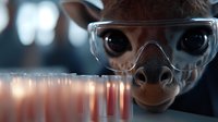 Close up view of brown horse wearing protective safety goggles examining laboratory test tubes in scientific research setting, dramatic lighting creates professional atmosphere.