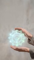 Hands protecting glowing geometric hologram representing digital innovation, technology concepts, data security, and futuristic business solutions.
