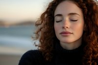 Young woman with curly reddish-brown hair and fair complexion wearing dark sweater, eyes closed in peaceful expression by ocean at sunset, contemplative mood for wellness and lifestyle content.