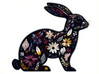 Decorative black rabbit silhouette filled with folk art floral pattern featuring colorful blooms and botanical elements on white background, suitable for fabric design.