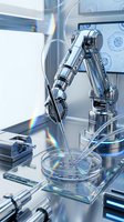 Futuristic robotic arm conducting precision laboratory research with advanced automation technology in modern scientific environment for medical innovation.